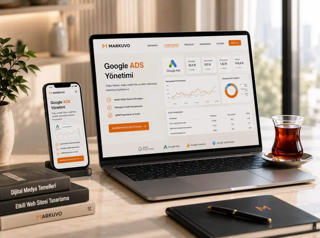 Google Ads reklamlarınızı doğru hedef kitleye ulaştırın. Arama, görüntülü reklam, yeniden pazarlama ve performans odaklı Google Ads yönetimi Markuvoda.